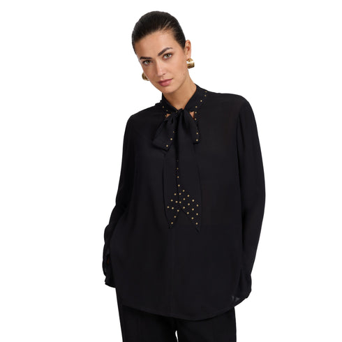 Blusa Donna in viscosa, con fiocco sul collo e micro borchie
