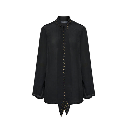 Blusa Donna in viscosa, con fiocco sul collo e micro borchie