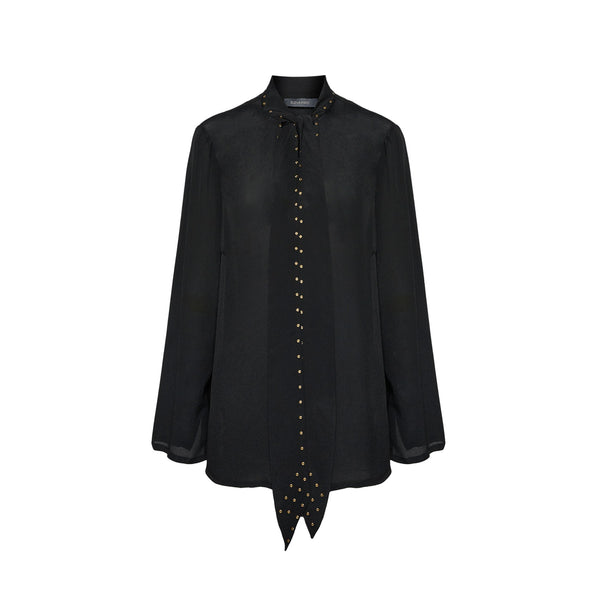 Blusa Donna in viscosa, con fiocco sul collo e micro borchie