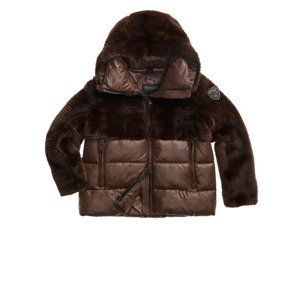 Piumino Donna Fanevil, con inserti in pelliccia ecologica, cappuccio e patch logo