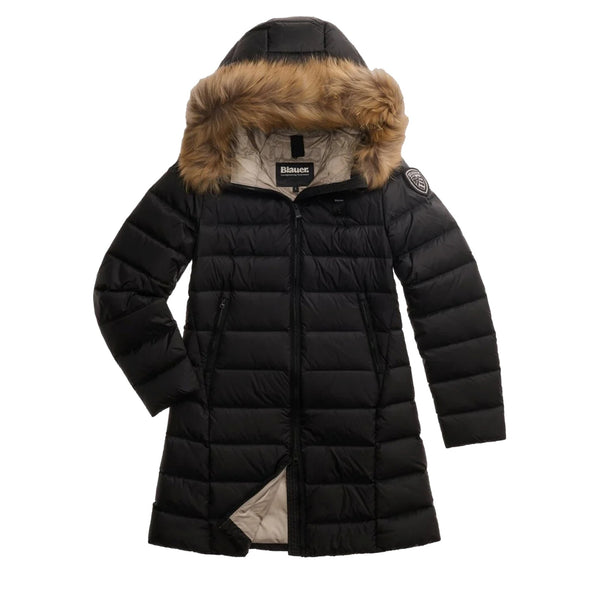 Piumino Donna Kristin lungo, con pelliccia di procione e patch logo