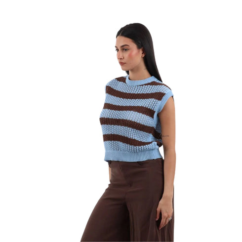 Gilet Donna in maglia traforata a righe moro celeste