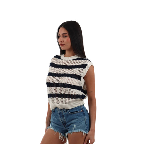 Gilet Donna in maglia traforata a righe panna blu