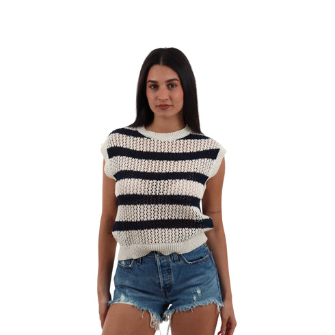 Gilet Donna in maglia traforata a righe panna blu
