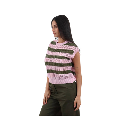 Gilet Donna in maglia traforata a righe verde rosa