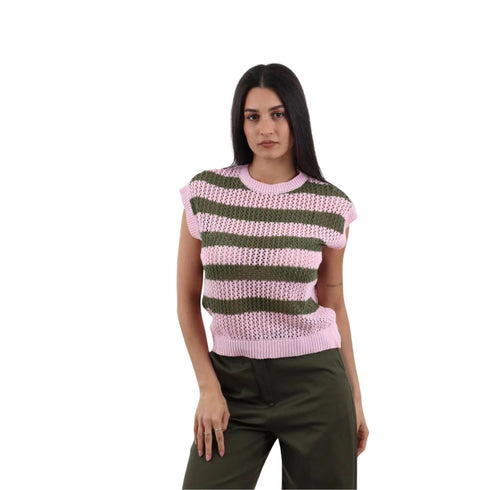 Gilet Donna in maglia traforata a righe verde rosa