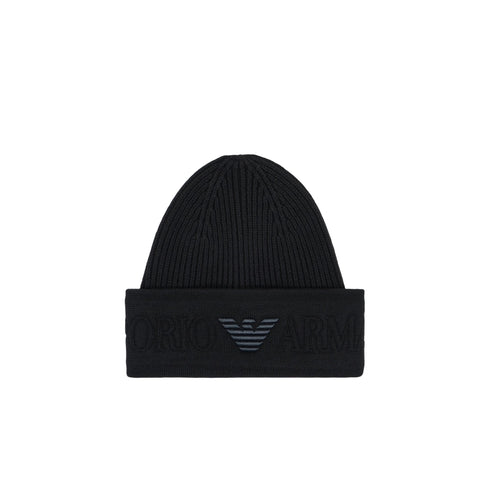 Cappello Uomo in maglia a costine, con risvolto con logo ricamato tono su tono