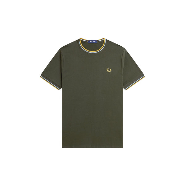 Uomo T-shirt con doppia riga verde giallo