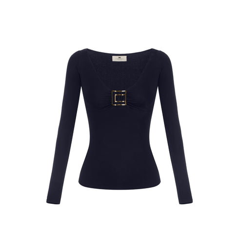 Maglia Donna in misto viscosa, aderente, con palcca logo in metallo