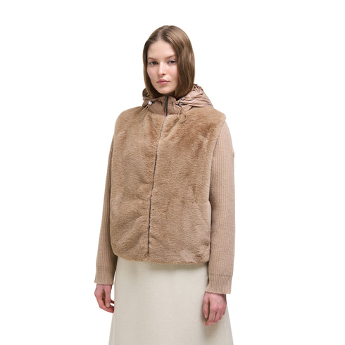Giubbino Donna con cappuccio, pelliccia sintetica e maniche in maglia a costine