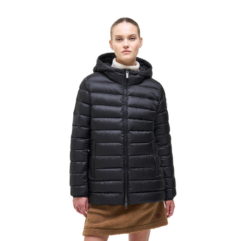 Piumino Donna medio, in tessuto lucido, con cappuccio e full zip