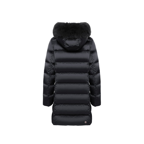 Piumino Donna lungo, con full zip frontale, logo sulla spalla e cappuccio con pelliccia