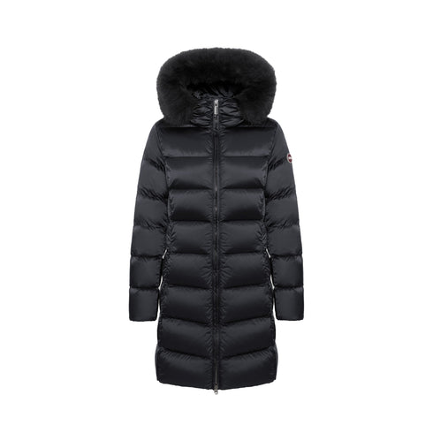 Piumino Donna lungo, con full zip frontale, logo sulla spalla e cappuccio con pelliccia