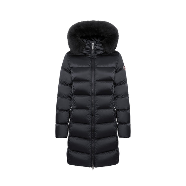 Piumino Donna lungo, con full zip frontale, logo sulla spalla e cappuccio con pelliccia