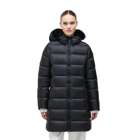 Piumino Donna lungo, con full zip frontale, logo sulla spalla e cappuccio con pelliccia