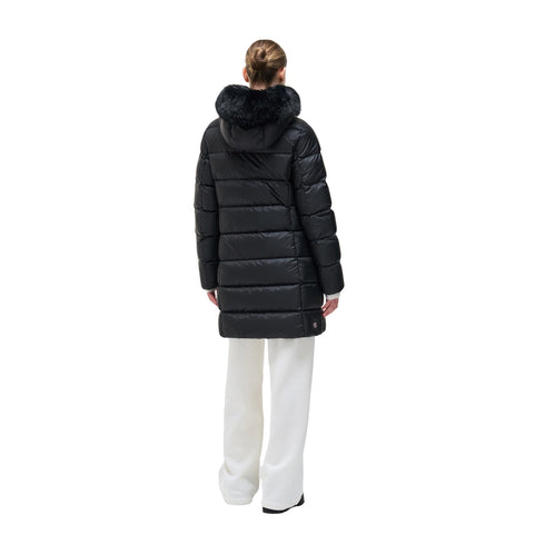 Piumino Donna lungo, con full zip frontale, logo sulla spalla e cappuccio con pelliccia