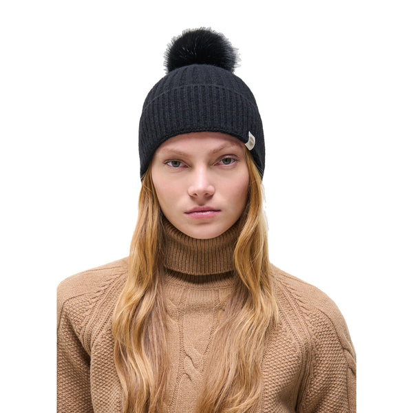 Cappello Donna in misto lana lavorata a costine, con pompon ed etichetta logo