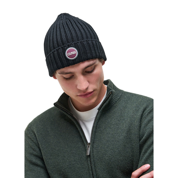 Cappello Uomo in misto lana, con risvolto sul fondo e logo applicato
