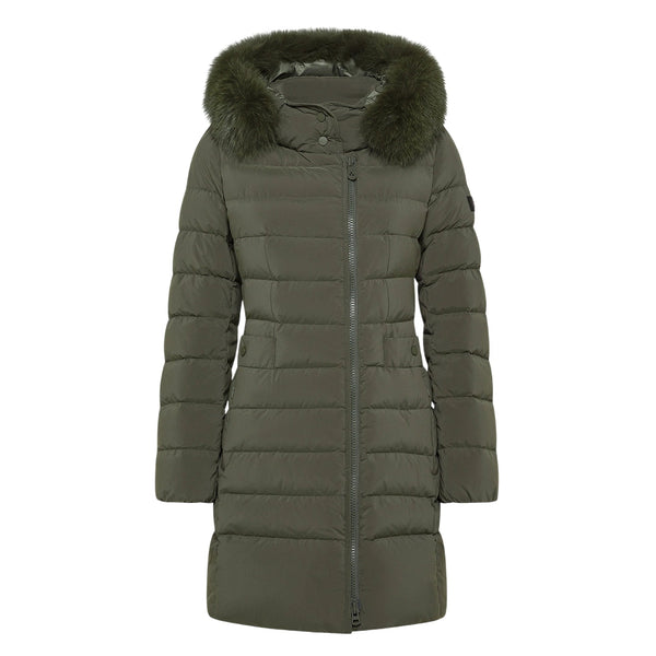 Piumino Donna Seriola, con full zip decentrata ed inserto in pelliccia di volpe