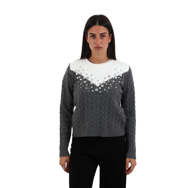 Maglia Donna in misto viscosa, con scollatura girocollo e decorazioni frontali
