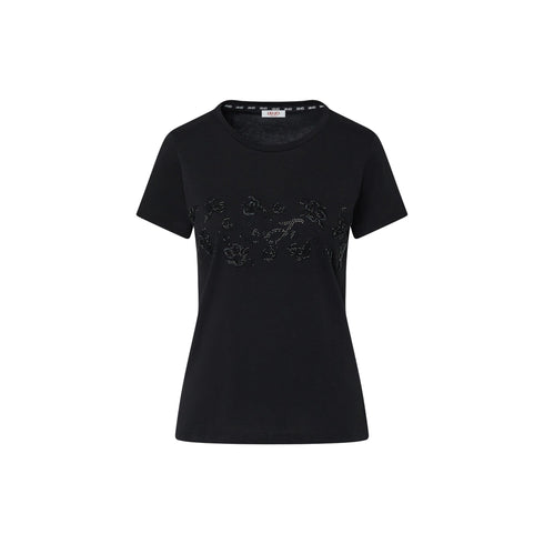 T-shirt Donna con ricami floreali nero