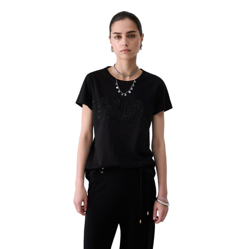 T-shirt Donna con ricami floreali nero modella frontale