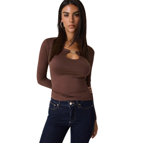 T-shirt Donna a maniche lunghe, cut-out, con dettaglio gioiello