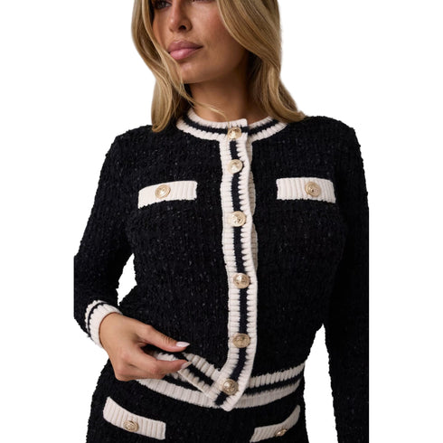 Cardigan Donna a girocollo, con bottoni gioiello e bordi a contrasto