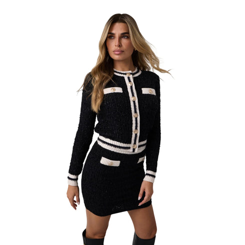 Cardigan Donna a girocollo, con bottoni gioiello e bordi a contrasto