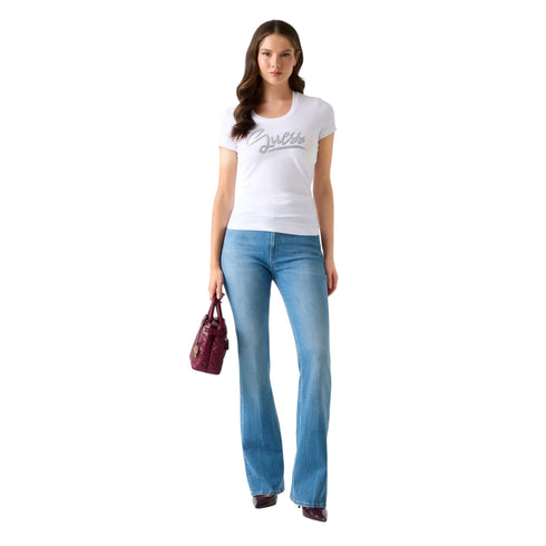 T-shirt donna con strass logo bianca