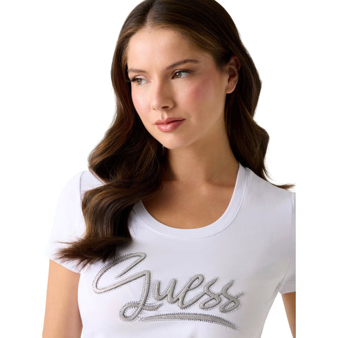 T-shirt donna con strass logo bianca - dettaglio
