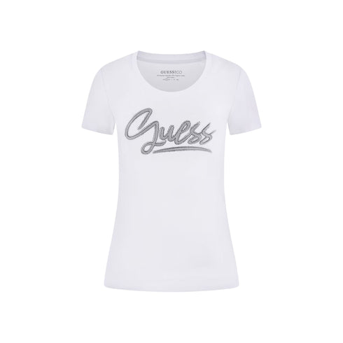 T-shirt donna con strass logo bianca