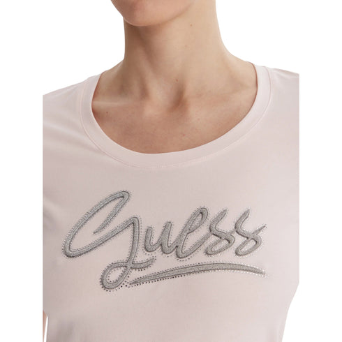 T-shirt donna con strass logo rosa - dettaglio