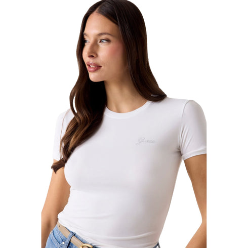 T-shirt Donna a maniche corte, slim fit, con mini logo strass