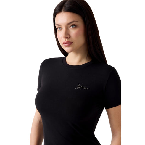 T-shirt Donna a maniche corte, slim fit, con mini logo strass