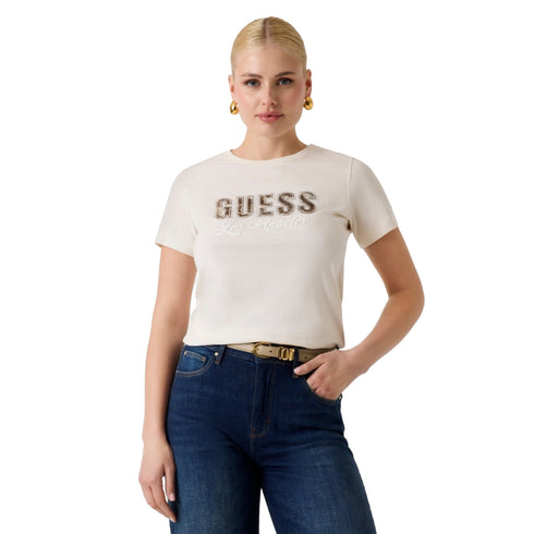 T-shirt Donna in cotone, a maniche corte, con stampa logo strass