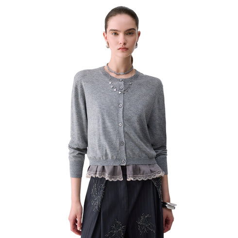 Cardigan Donna in lana e viscosa, con dettaglio lingerie e bottoni frontali