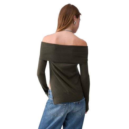 Maglia Donna in lana a costine, con scollatura bardot e spacco