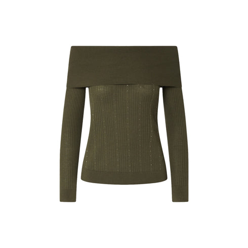 Maglia Donna in lana a costine, con scollatura bardot e spacco