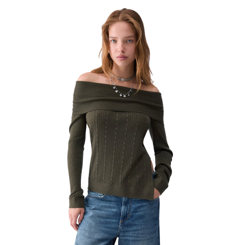 Maglia Donna in lana a costine, con scollatura bardot e spacco