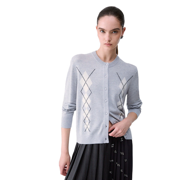 Cardigan Donna con motivo Argyle modella frontale