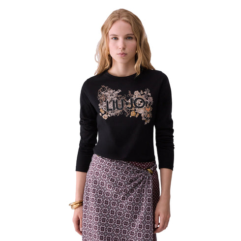 T-shirt Donna skinny fit manica lunga nero modella frontale