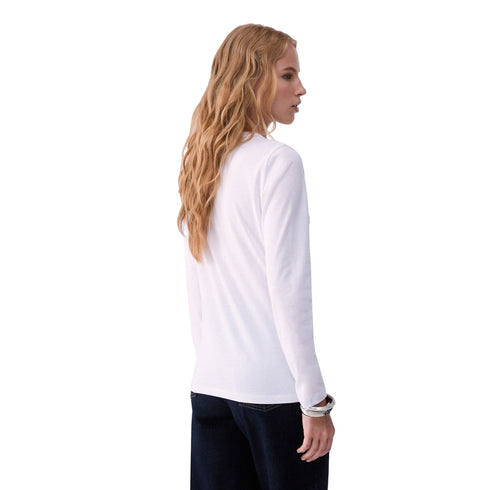 T-shirt Donna skinny fit manica lunga bianca modella retro
