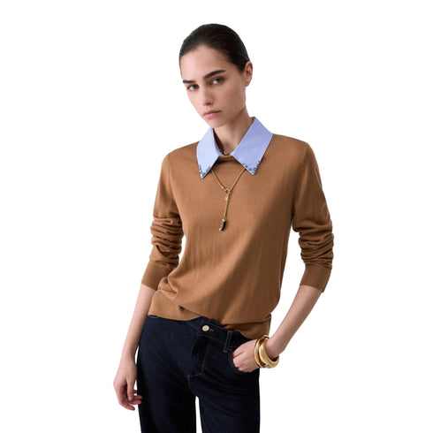 Maglia Donna con colletto popeline marrone modella frontale