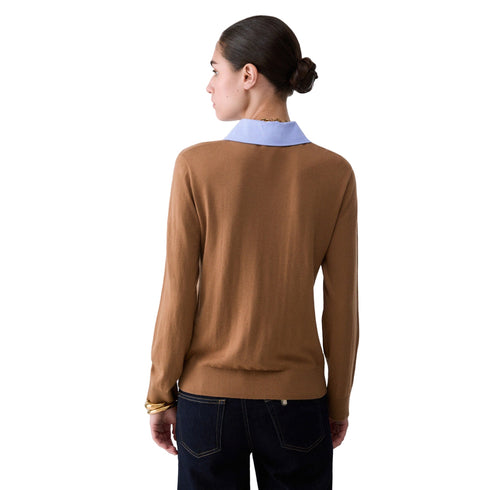 Maglia Donna con colletto popeline marrone modella retro