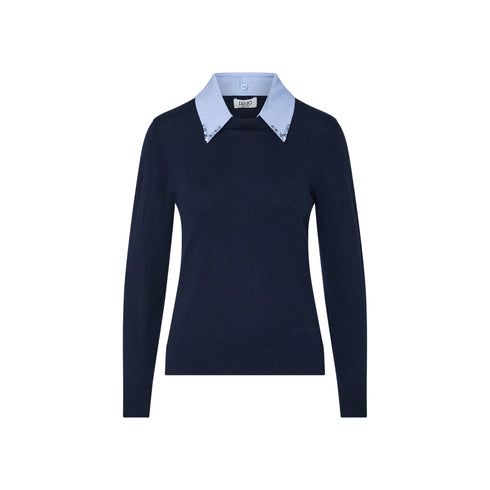 Maglia Donna con colletto popeline blu
