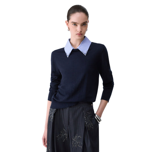 Maglia Donna con colletto popeline blu modella frontale