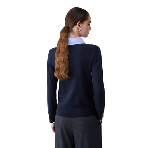 Maglia Donna con colletto popeline blu modella retro
