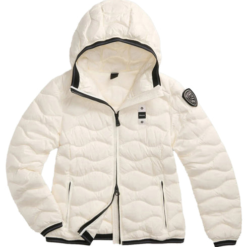 Piumino Donna corto Camelia, con impunture ondulate e patch logo sulla spalla