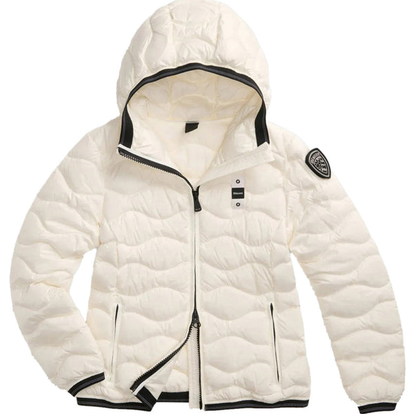 Piumino Donna corto Camelia, con impunture ondulate e patch logo sulla spalla